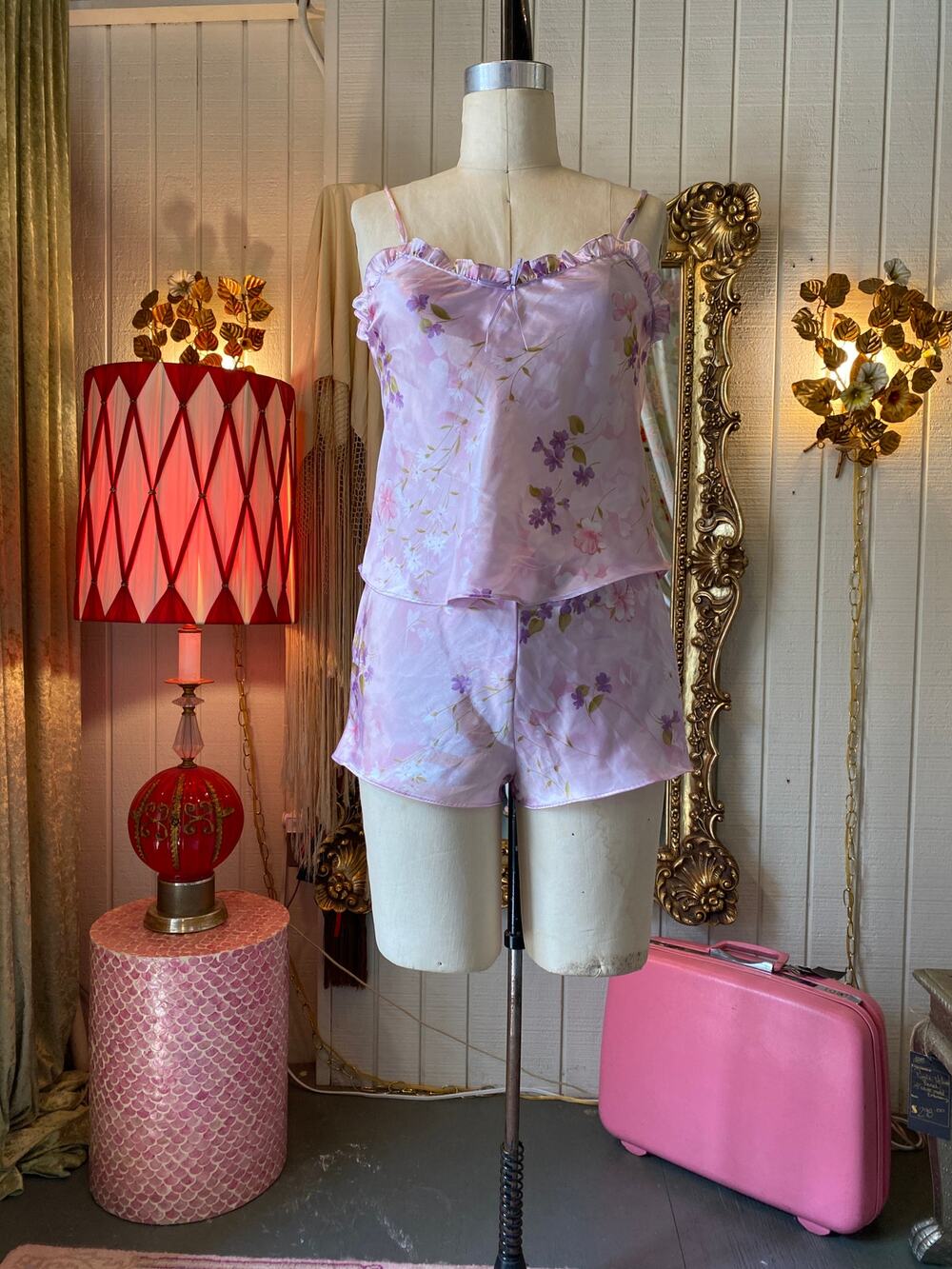 vintage 1990s pink floral satin pjs, tank top and tap short, 90s sleepwear, s